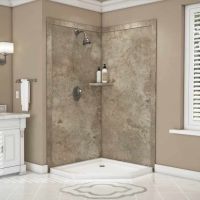 mocha travertine spendor corner kit with a shelf