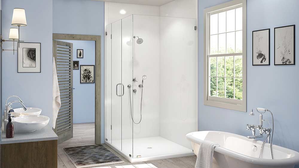 White PVC corner shower kit in a 2 panel layout