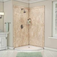 Alaskan ivory corner shower with a shelf
