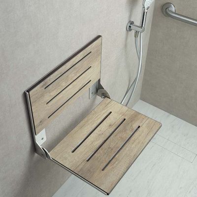 Weathered laminate fold down seat for a glass block shower - Innovate Building Solutions 