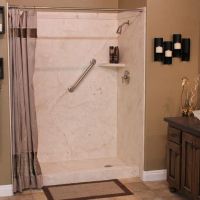 Botticino cream PVC shower surround kit with a corner shelf and trim