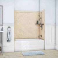 creme travertine tub kit with a corner shelf