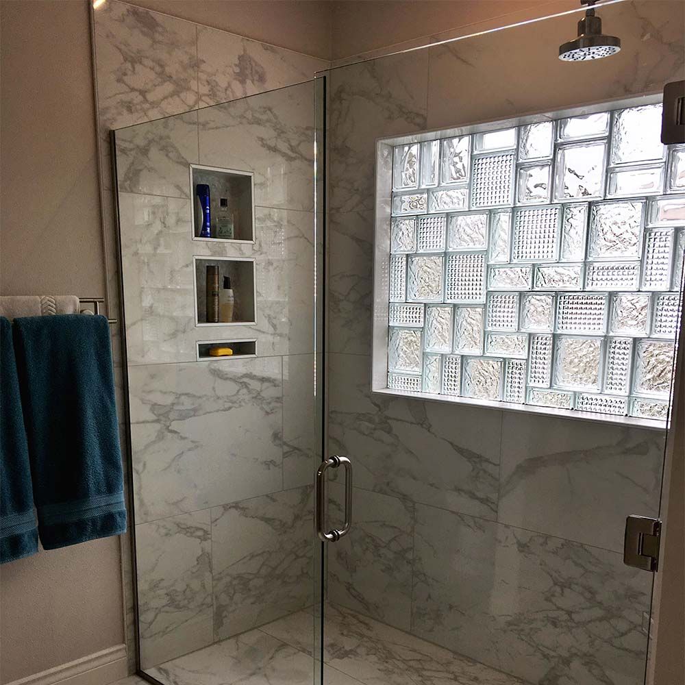Multi-pattern glass block prefabricated shower window by Innovate Building Solutions Columbus Glass Block division