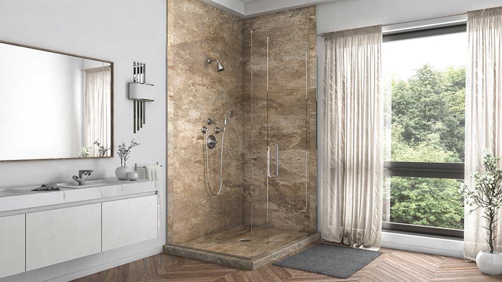 Mocha travertine DIY shower wall panels 