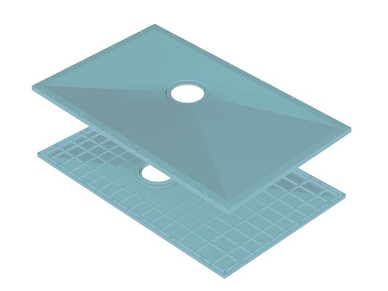 Glass reinforced plastic shower base before installation for a one level wet room - Innovate Building Solutions
