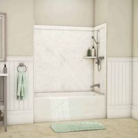 Botticino cream tub surround kit with a corner shelf